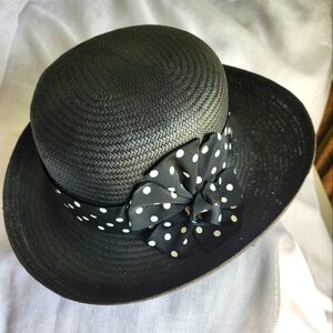 Importina Elegant Black Straw & Grosgrain Polka Dot Bow Hat, OS, $25
